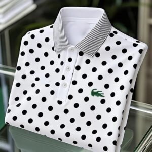 Men's Classic Business Black and White Polka Dot Logo Button Short Sleeve