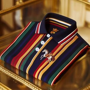 Men's Business Stripe Logo Print Short Sleeve